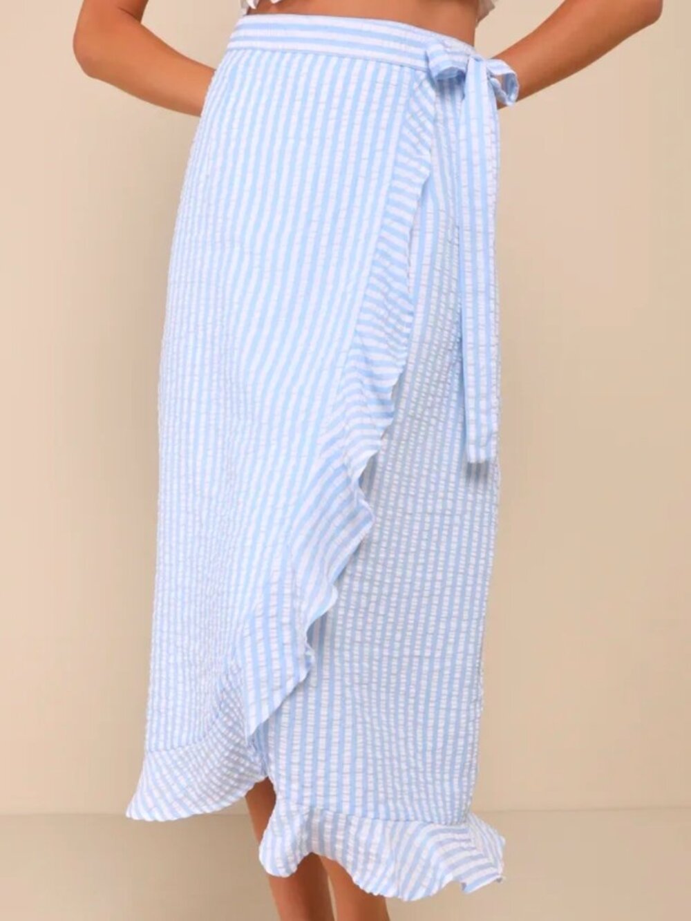 NWT Lulus Effortlessly Sunny Blue White Striped Wrap Midi Skirt S